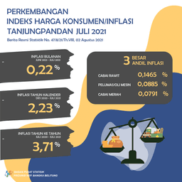 Juli 2021, Kota Tanjungpandan Mengalami Inflasi Sebesar 0,22 Persen Dengan IHK 109,02. Inflasi Tahun Kalender Sebesar 2,23 Persen Dan Inflasi Tahun Ke Tahun Sebesar 3,71 Persen